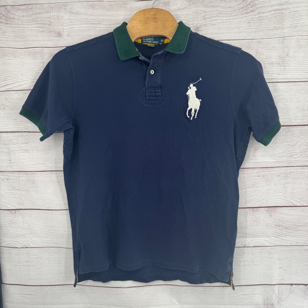 Polo Ralph Lauren Polo‎ Shirt Mens XL Big Pony Logo Blue Green Trim Vintage